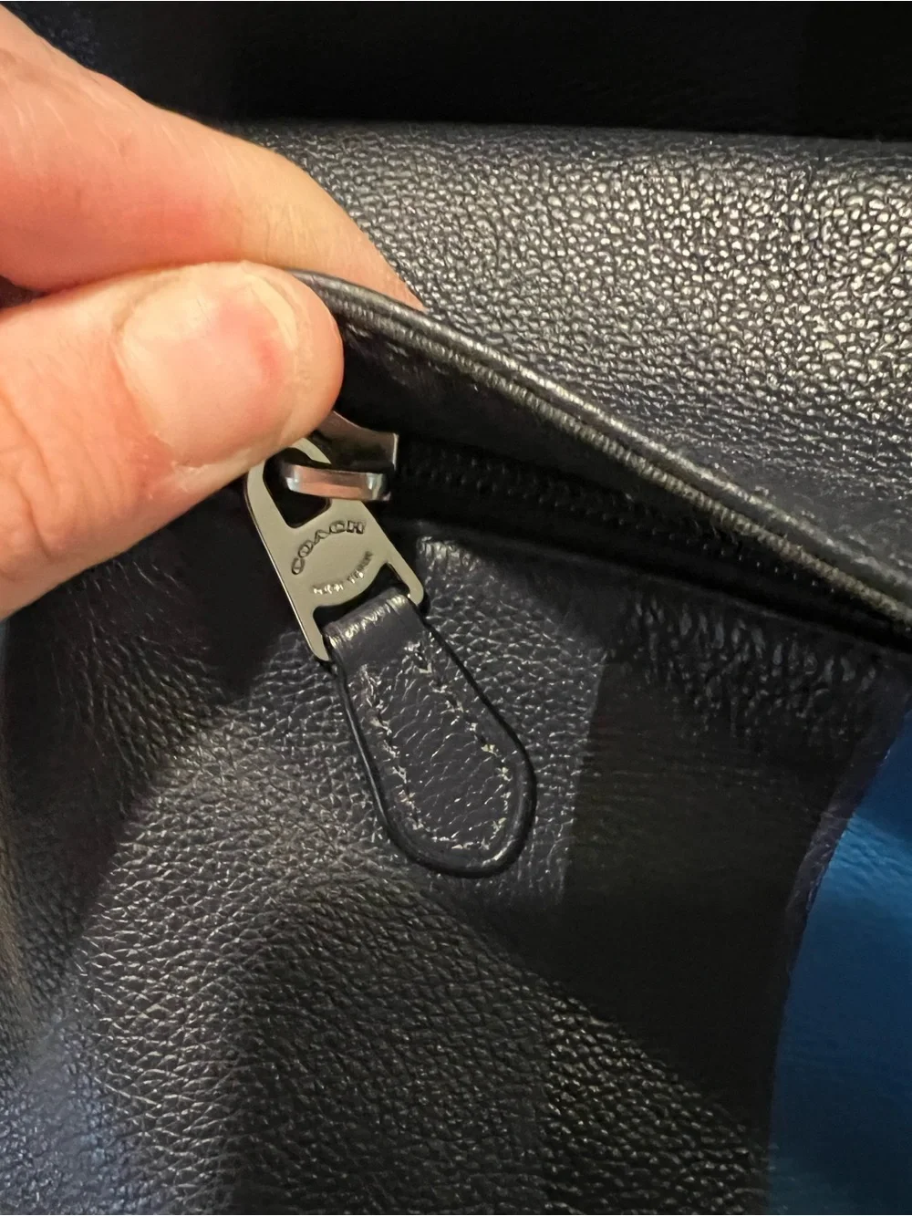 Coach Black Leather Backpack with Blue Center Stripe